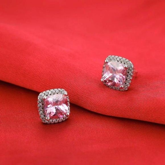 NEW 925 Silver Cushion Pink Sapphire Halo Studs - Picture 3 of 3